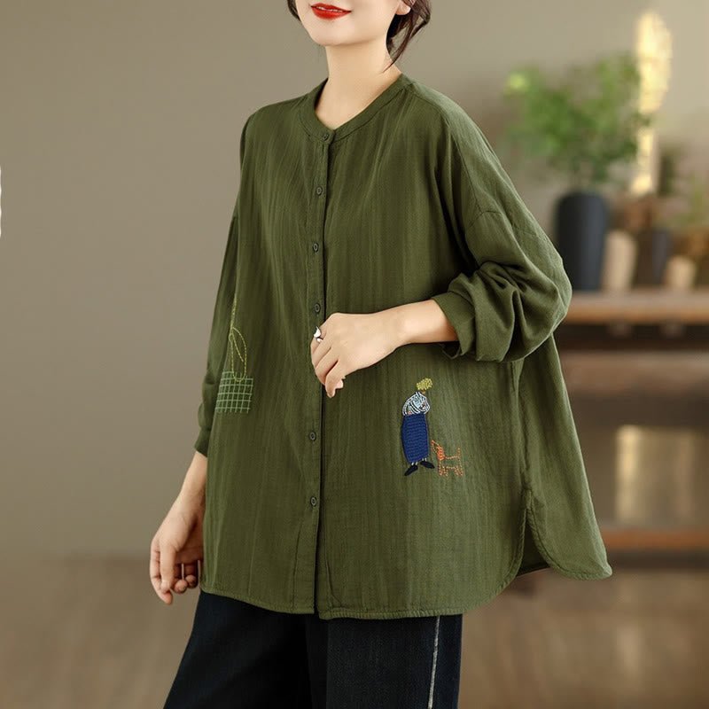 Chemise à manches longues pour femme, ornée de broderies de Buddha Stones, de figures humaines et de motifs de chiens, col rond et boutons. - image 25