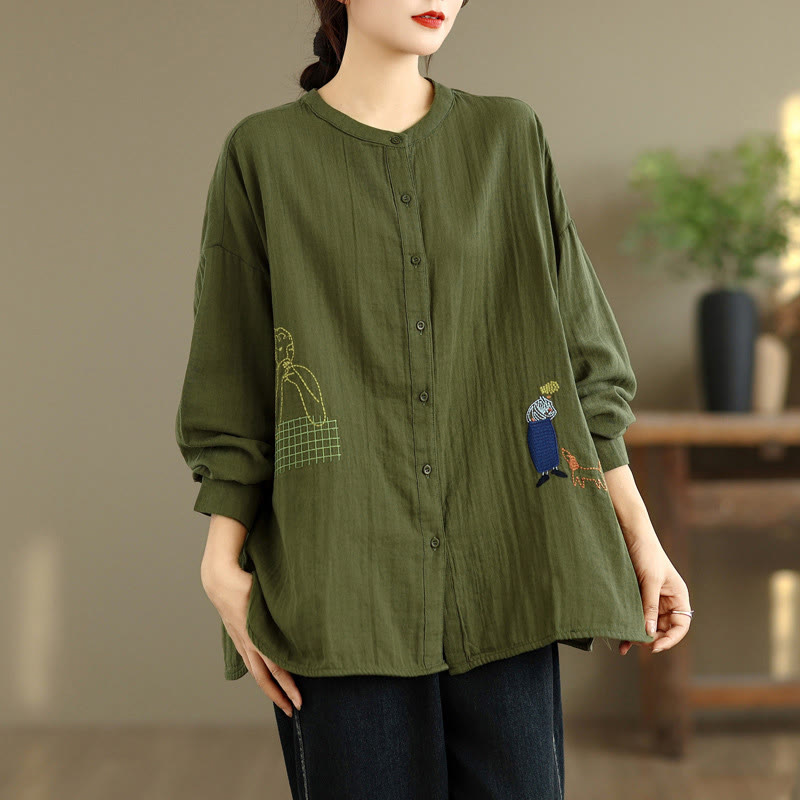 Chemise à manches longues pour femme, ornée de broderies de Buddha Stones, de figures humaines et de motifs de chiens, col rond et boutons. - image 21