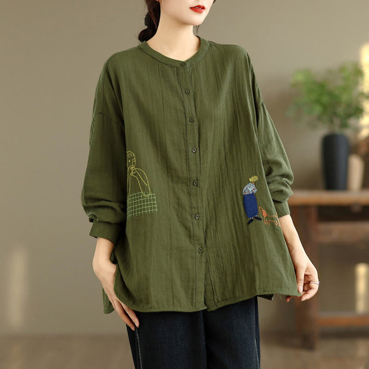 Chemise à manches longues pour femme, ornée de broderies de Buddha Stones, de figures humaines et de motifs de chiens, col rond et boutons. - image 21