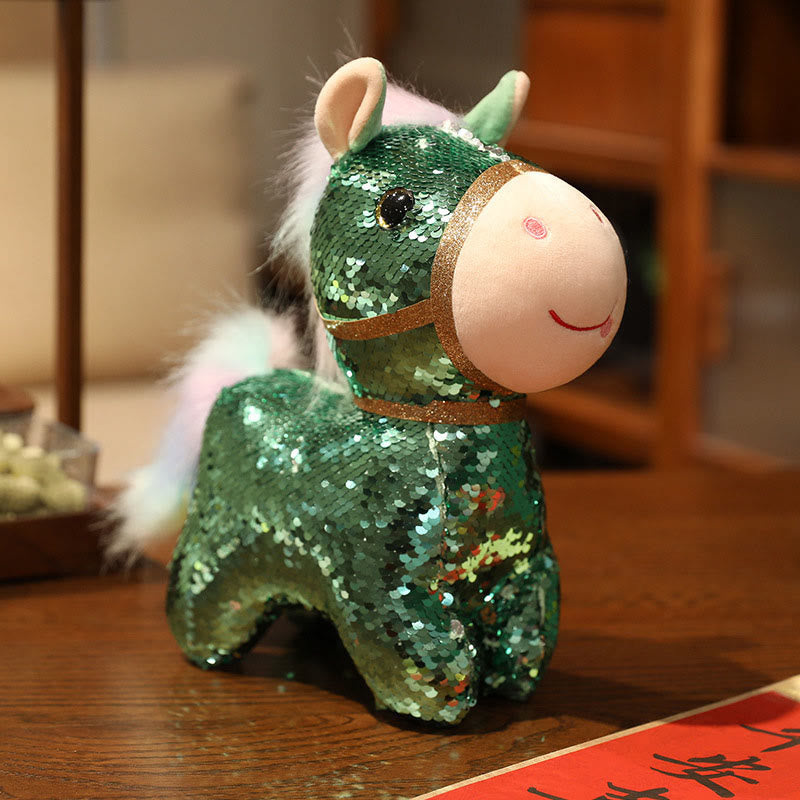 Buddha Stones Année du Cheval Peluche Poney à Paillettes Décoration Intérieure - Vert - 27*11*27cm - image 5