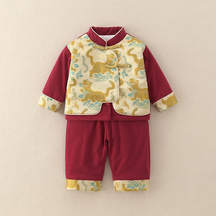 Ensemble de 2 pièces pour bébé garçon, motif tigre mignon, manches longues, pantalon à taille élastique et poches, en coton, avec Buddha Stones . - Cramoisi - 2-3T - image 0