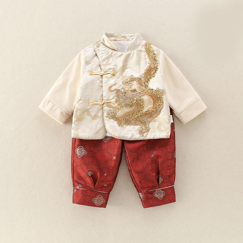 Ensemble de 2 pièces pour bébé garçon, motif dragon mignon, manches longues, pantalon à taille élastique, en coton , Buddha Stones . - Beige - 20-25 ans - image 0