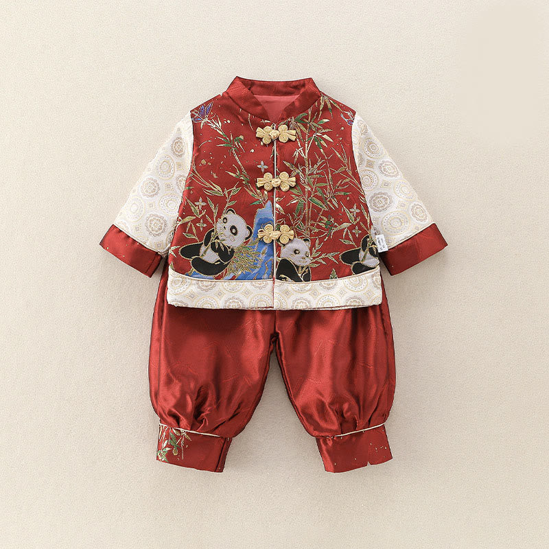 Ensemble de 2 pièces pour bébé garçon, motif panda mignon en bambou, manches longues, pantalon à taille élastique, Buddha Stones - Rouge - 20-25 ans - image 0