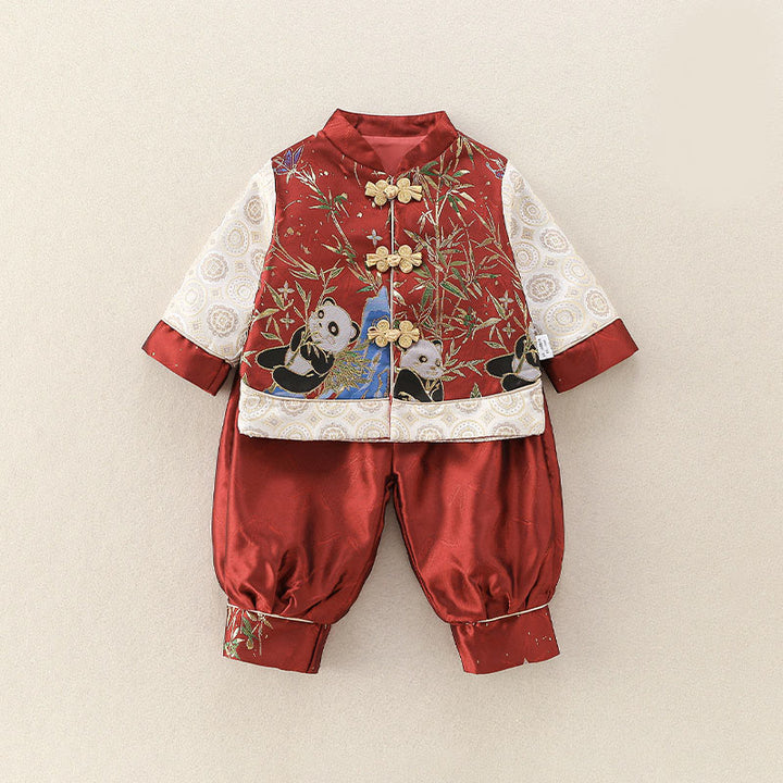 Ensemble de 2 pièces pour bébé garçon, motif panda mignon en bambou, manches longues, pantalon à taille élastique, Buddha Stones - Rouge - 20-25 ans - image 0