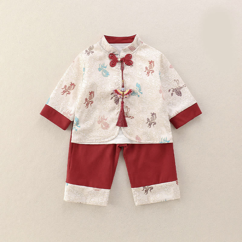 Ensemble de 2 Buddha Stones pour bébé fille, motif poissons koi et papillons, en coton, manches longues et pantalon à taille élastique. - Beige - 20-25 ans - image 0