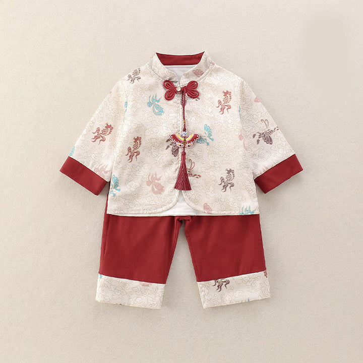 Ensemble de 2 Buddha Stones pour bébé fille, motif poissons koi et papillons, en coton, manches longues et pantalon à taille élastique. - Beige - 20-25 ans - image 0