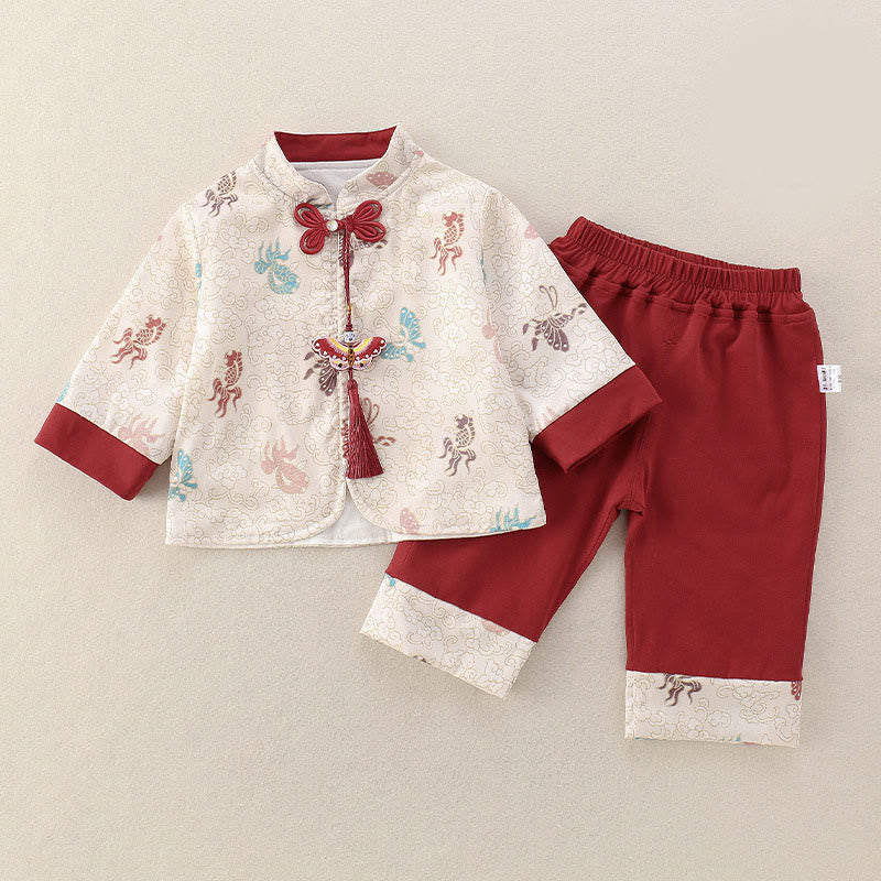 Ensemble de 2 Buddha Stones pour bébé fille, motif poissons koi et papillons, en coton, manches longues et pantalon à taille élastique. - image 2