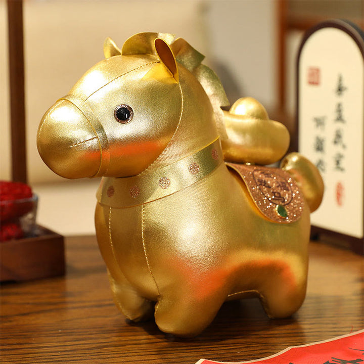 Buddha Stones Lingot d'or de l'année du Cheval, adorable poupée poney, décoration de maison symbole de prospérité - Cheval avec lingot - 25 cm (mesuré de l'oreille au pied) - image 1