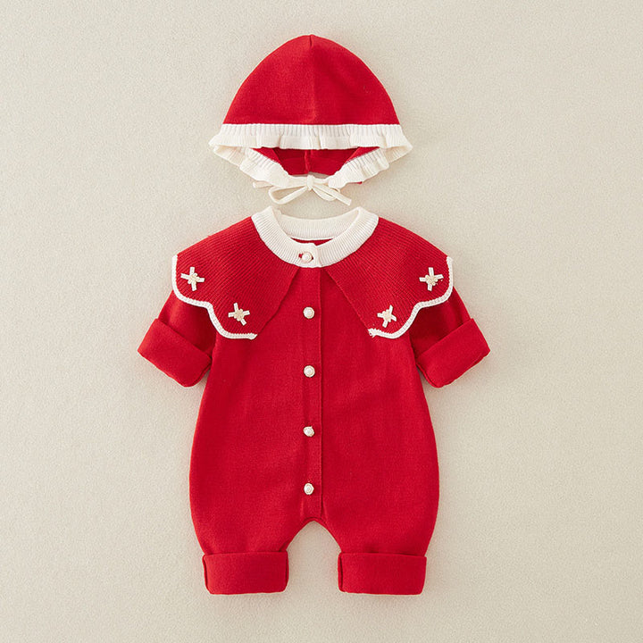 Combinaison bébé fille à manches longues et capuche, en maille, motif color block printemps/automne, Buddha Stones - Rouge - 9-12 mois - image 0