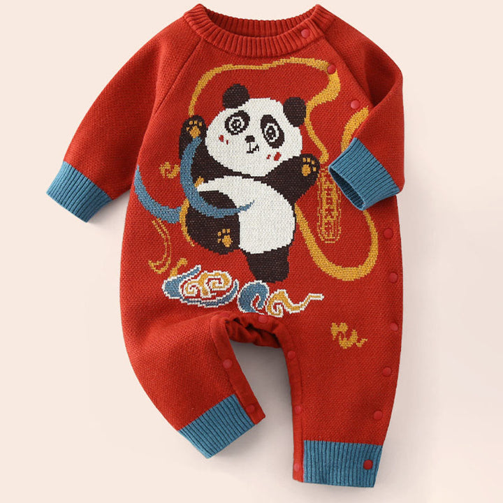 Combinaison bébé garçon/fille en coton tricoté à manches longues, motif panda roux et Buddha Stones , automne/hiver - Rouge - 1-2 ans - image 0