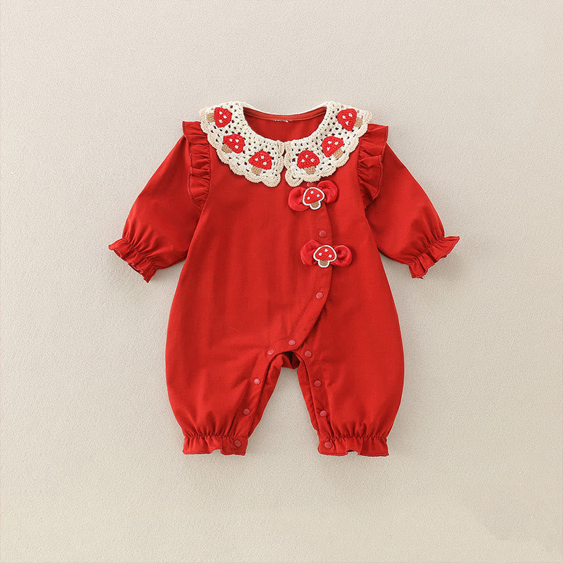 Grenouillères à manches longues en coton pour bébé fille, motif fraise rouge et Buddha Stones , printemps/automne - Rouge - 10-15 mois - image 0