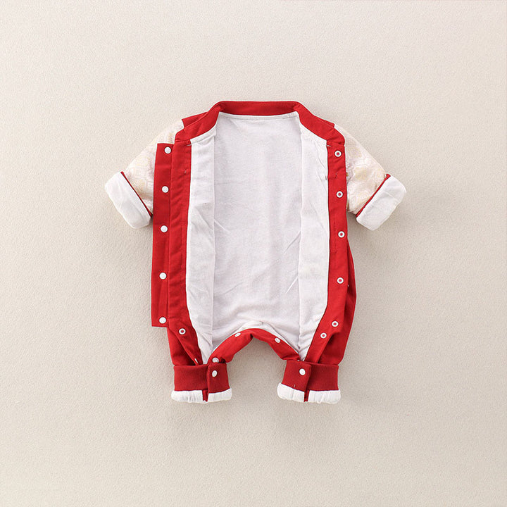 Buddha Stones Printemps Automne Rouge Année du Cheval Motif Bonne fortune Grenouillères à manches longues en coton pour bébé fille et garçon - image 4