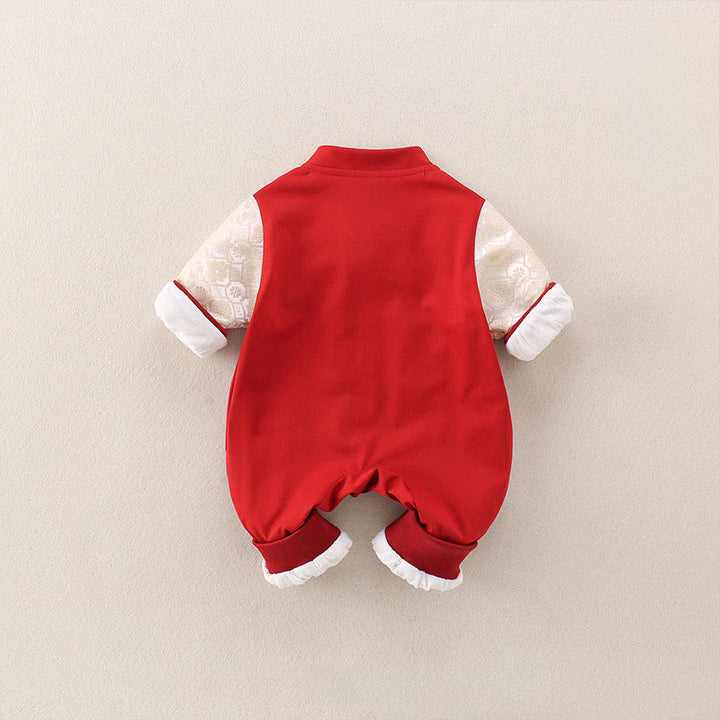 Buddha Stones Printemps Automne Rouge Année du Cheval Motif Bonne fortune Grenouillères à manches longues en coton pour bébé fille et garçon - image 3