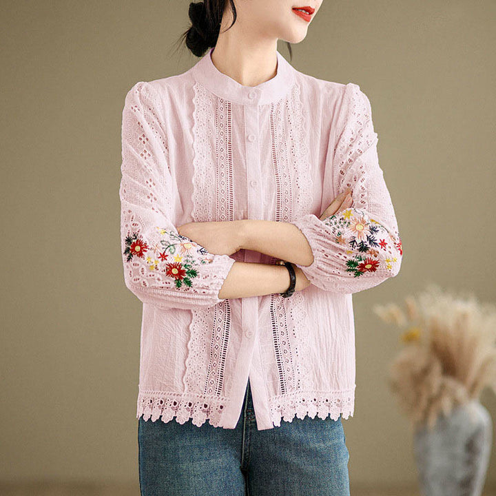 Chemise à manches longues pour femme avec broderie en dentelle, motif floral et feuilles, ornée de Buddha Stones et de dentelle automnale. Col montant et boutons. - image 16