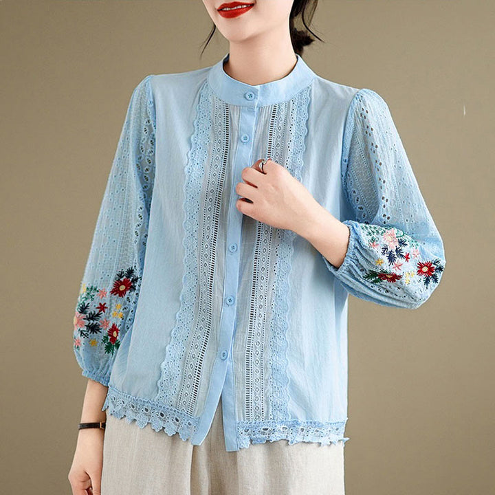 Chemise à manches longues pour femme avec broderie en dentelle, motif floral et feuilles, ornée de Buddha Stones et de dentelle automnale. Col montant et boutons. - Bleu ciel profond - US8-10，UK/AU12-14，EU40-42 (2XL) - image 0