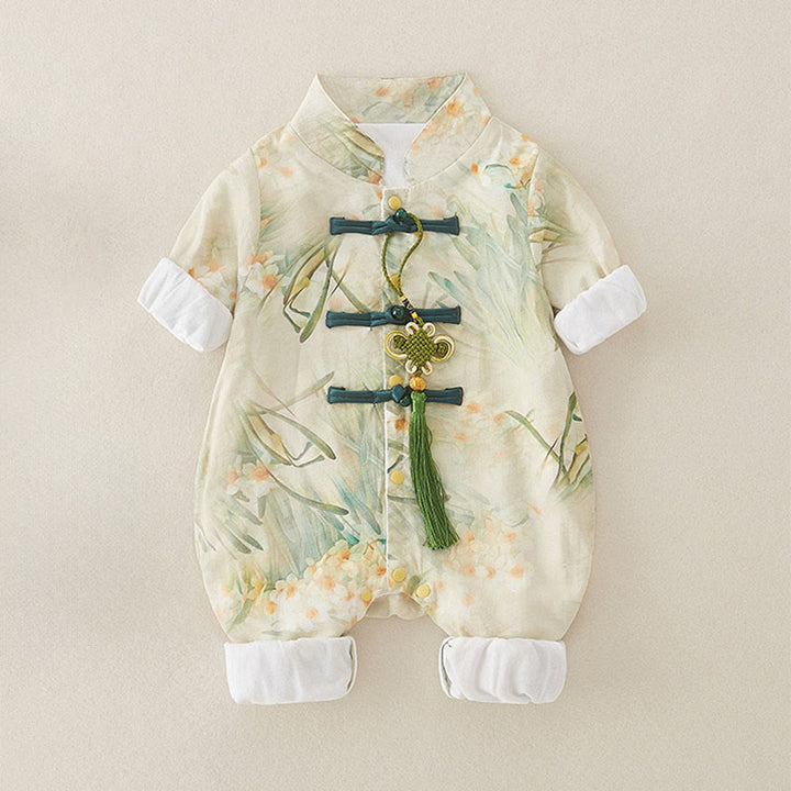 Grenouillères bébé fille en coton à manches longues, motif fleurs beiges et herbe verte , Buddha Stones , printemps et automne - image 1