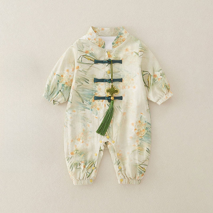 Grenouillères bébé fille en coton à manches longues, motif fleurs beiges et herbe verte , Buddha Stones , printemps et automne - Melon miellat - 10-15 mois - image 0