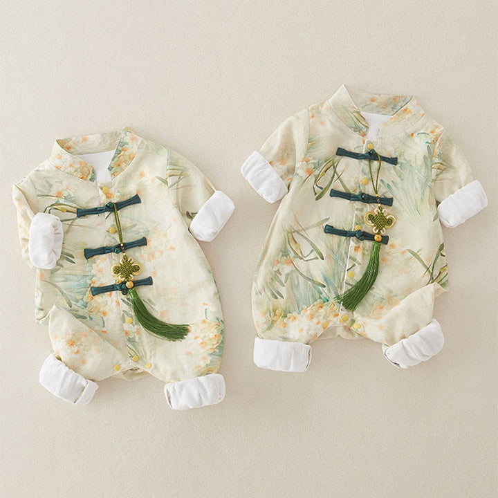 Grenouillères bébé fille en coton à manches longues, motif fleurs beiges et herbe verte , Buddha Stones , printemps et automne - image 5