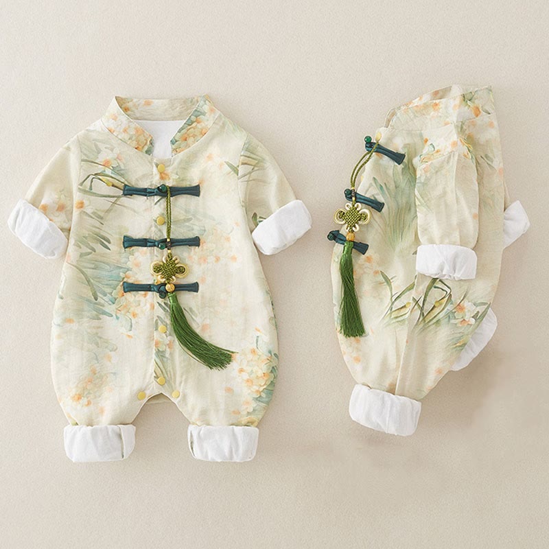 Grenouillères bébé fille en coton à manches longues, motif fleurs beiges et herbe verte , Buddha Stones , printemps et automne - image 4