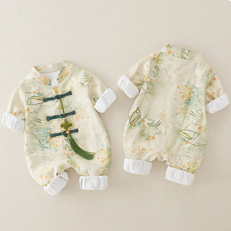 Grenouillères bébé fille en coton à manches longues, motif fleurs beiges et herbe verte , Buddha Stones , printemps et automne - image 3