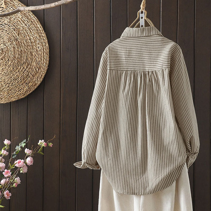 Chemise à manches longues pour femme avec col montant, boutons et rayures automnales, Buddha Stones, poches - image 4