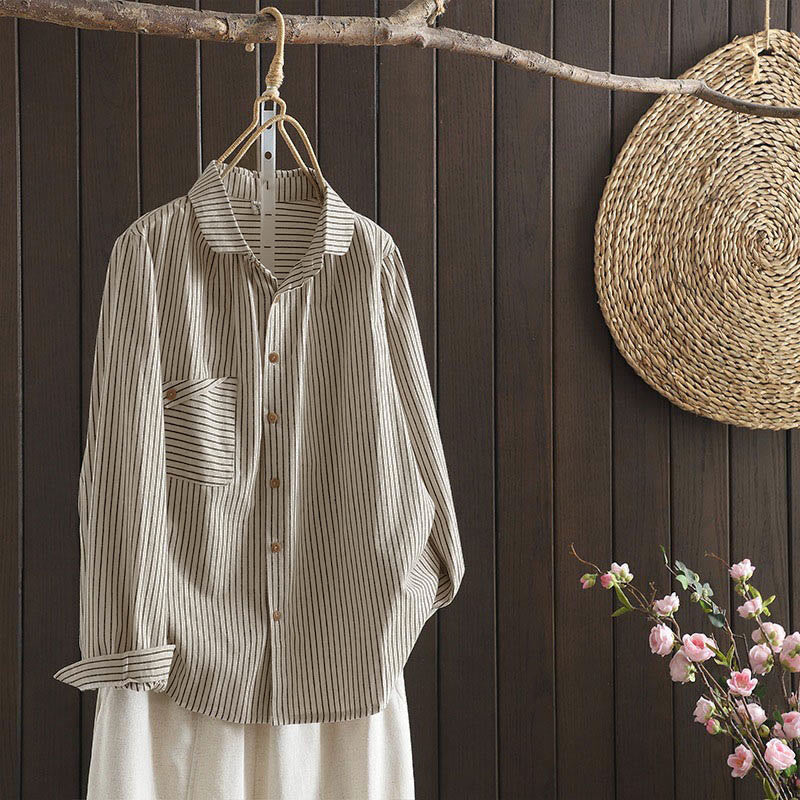 Chemise à manches longues pour femme avec col montant, boutons et rayures automnales, Buddha Stones, poches - OldLace - US8-10，UK/AU12-14，EU40-42 (2XL) - image 1