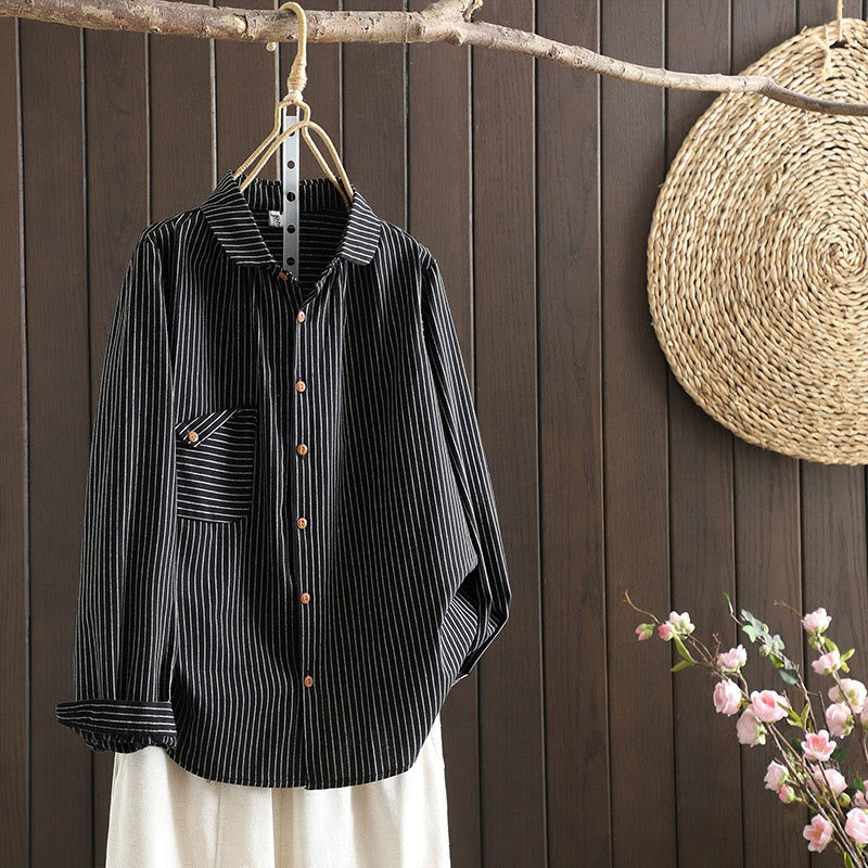 Chemise à manches longues pour femme avec col montant, boutons et rayures automnales, Buddha Stones, poches - Noir - US8-10，UK/AU12-14，EU40-42 (2XL) - image 13