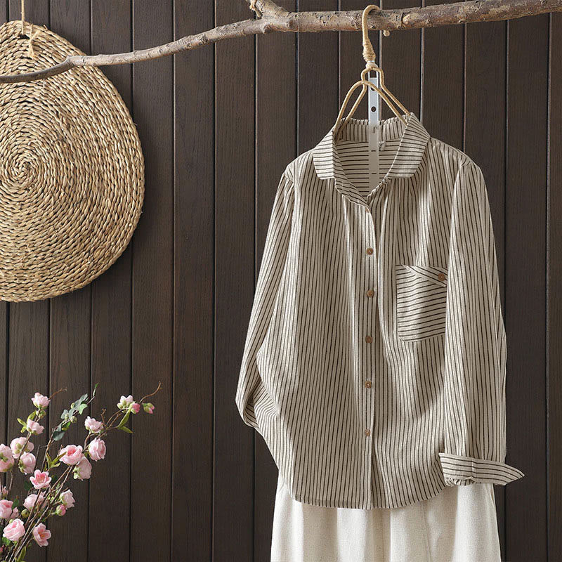 Chemise à manches longues pour femme avec col montant, boutons et rayures automnales, Buddha Stones, poches - image 2