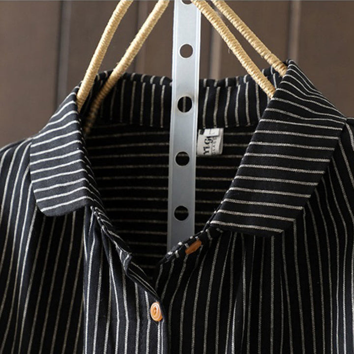 Chemise à manches longues pour femme avec col montant, boutons et rayures automnales, Buddha Stones, poches - image 15