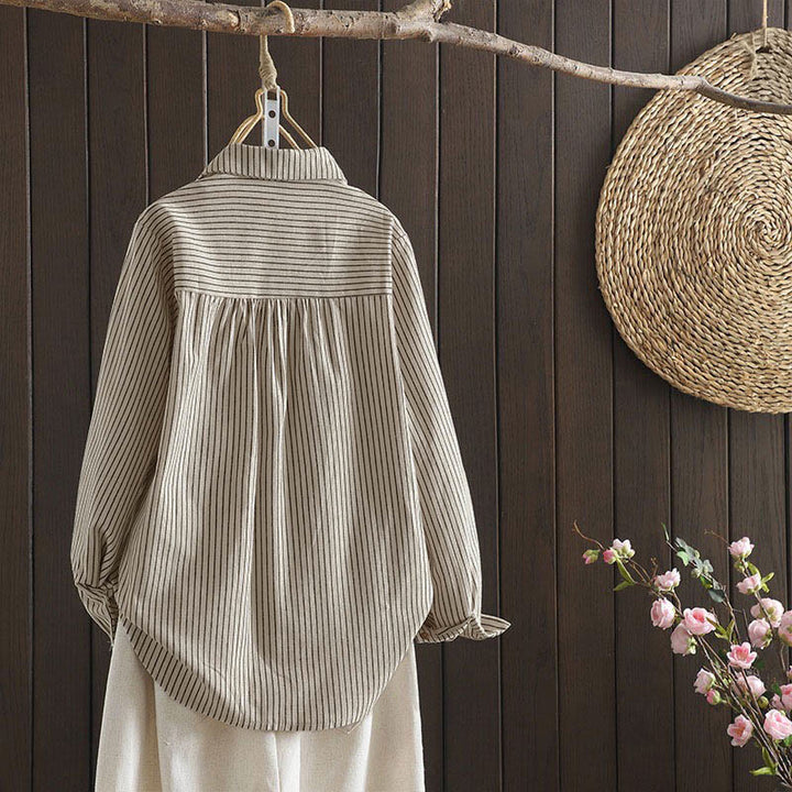 Chemise à manches longues pour femme avec col montant, boutons et rayures automnales, Buddha Stones, poches - image 3