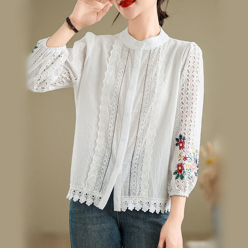 Chemise à manches longues pour femme avec broderie en dentelle, motif floral et feuilles, ornée de Buddha Stones et de dentelle automnale. Col montant et boutons. - Blanc - US8-10，UK/AU12-14，EU40-42 (2XL) - image 6