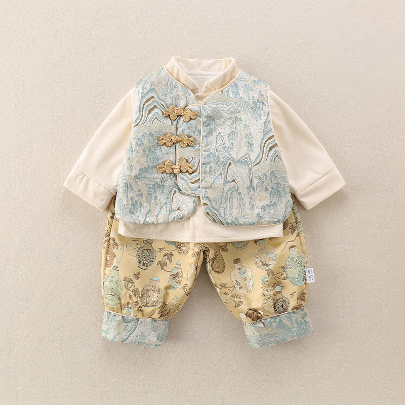 Ensemble bébé garçon 3 pièces en coton, motif bouteilles et Buddha Stones un gilet, une veste et un pantalon à taille élastique et manches longues. - Cyan clair - 20-30M - image 0