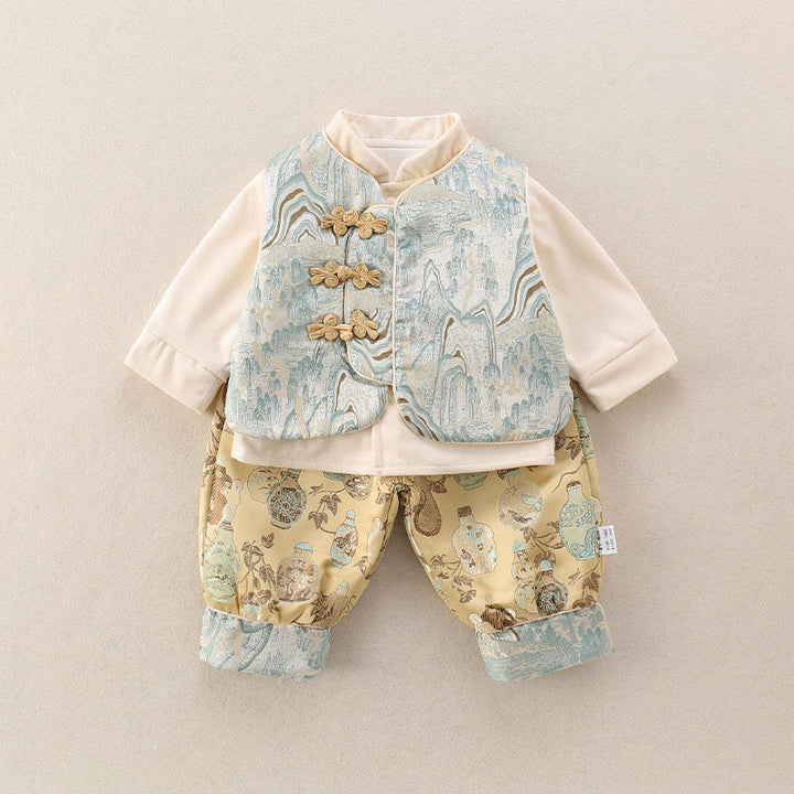 Ensemble bébé garçon 3 pièces en coton, motif bouteilles et Buddha Stones un gilet, une veste et un pantalon à taille élastique et manches longues. - Cyan clair - 20-30M - image 0