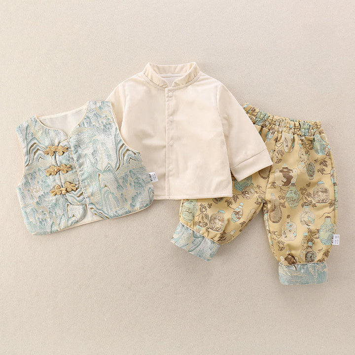 Ensemble bébé garçon 3 pièces en coton, motif bouteilles et Buddha Stones un gilet, une veste et un pantalon à taille élastique et manches longues. - image 3