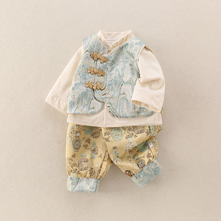 Ensemble bébé garçon 3 pièces en coton, motif bouteilles et Buddha Stones un gilet, une veste et un pantalon à taille élastique et manches longues. - image 2