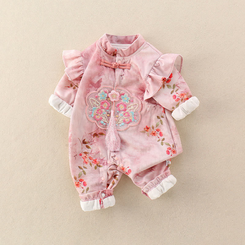 Grenouillères à manches longues en coton pour bébé fille, motif Buddha Stones, fleurs roses et rouges, feuilles vertes, printemps et automne - image 3