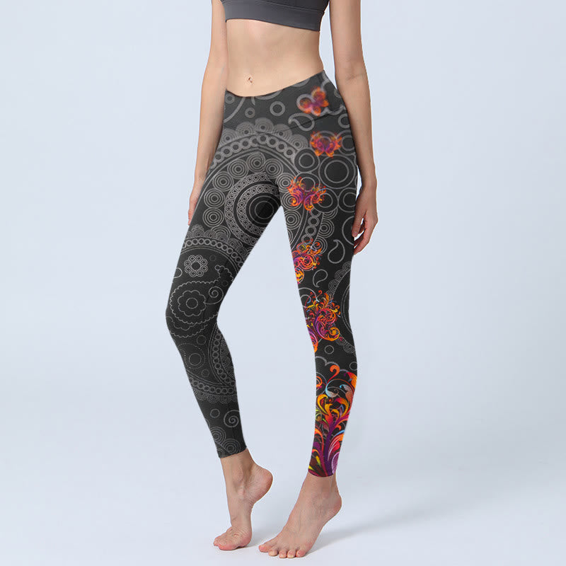 Leggings de sport pour femmes avec motif cachemire floral contrasté Buddha Stones - Noir - US18，UK/AU22，EU50 (4XL) - image 0