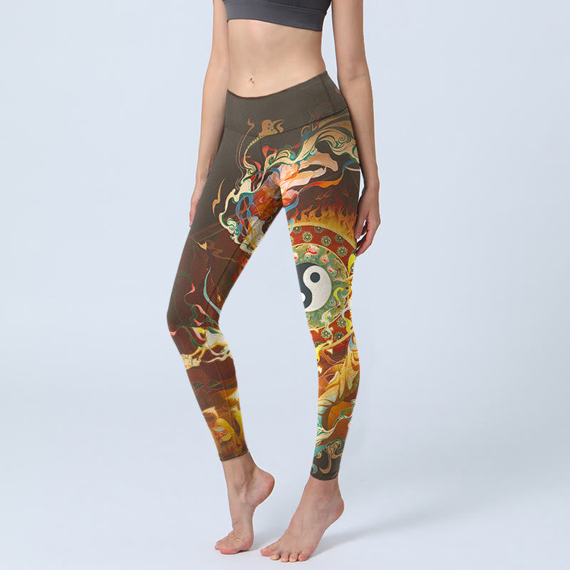 Leggings de sport pour femmes, motif floral, yin yang, flamme, chameau et chèvre, ornés de Buddha Stones colorées. - SaddleBrown - US18，UK/AU22，EU50 (4XL) - image 0