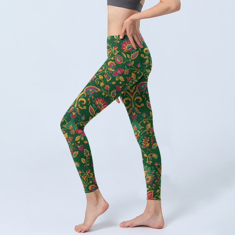 Leggings de sport pour femmes avec motif de fleurs et de feuilles aux couleurs vives, inspirés des Buddha Stones - image 2