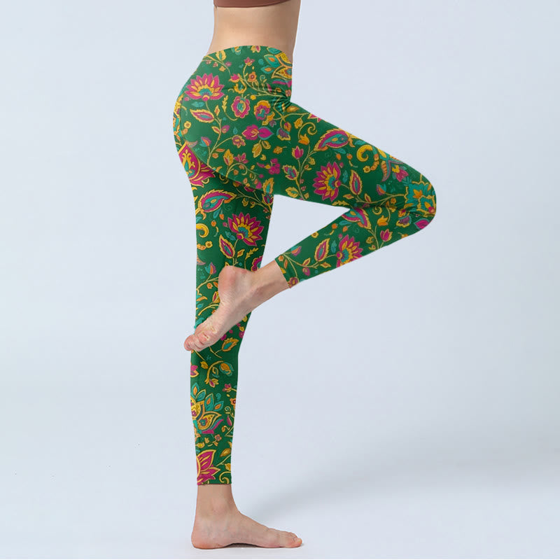 Leggings de sport pour femmes avec motif de fleurs et de feuilles aux couleurs vives, inspirés des Buddha Stones - image 3