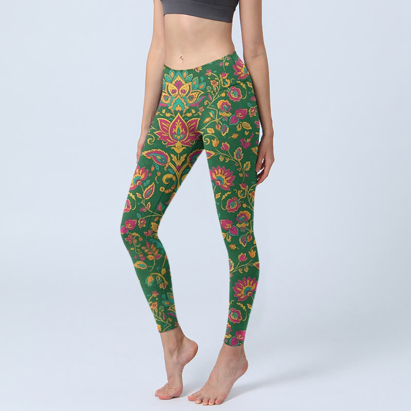 Leggings de sport pour femmes avec motif de fleurs et de feuilles aux couleurs vives, inspirés des Buddha Stones - Vert - US18，UK/AU22，EU50 (4XL) - image 0