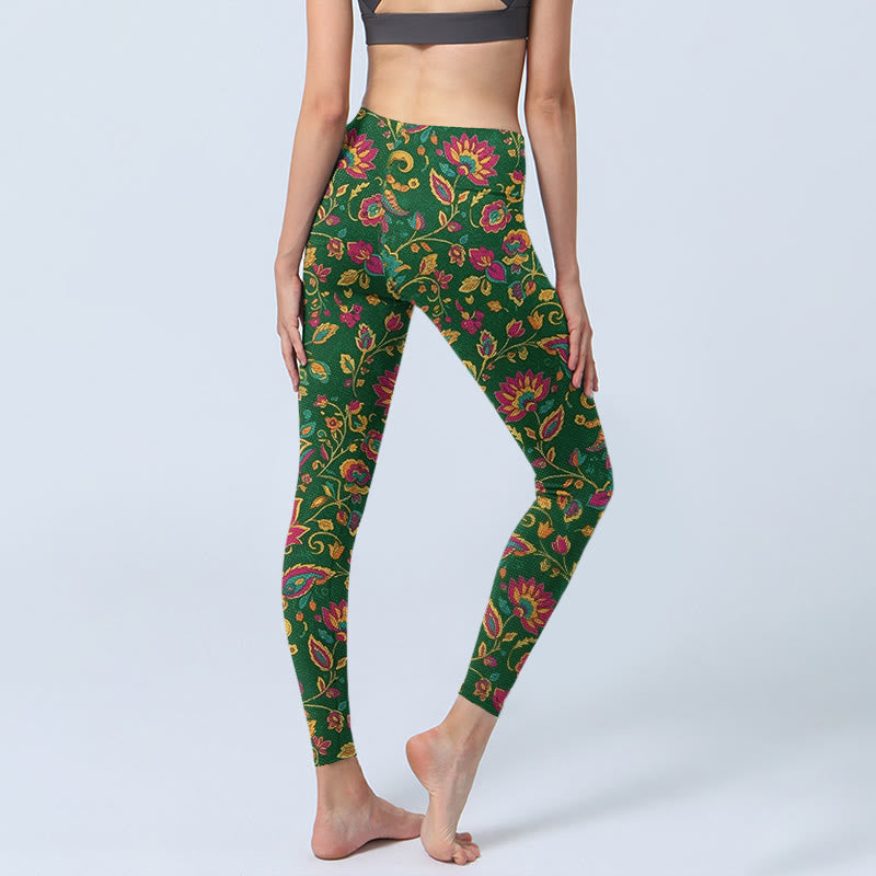 Leggings de sport pour femmes avec motif de fleurs et de feuilles aux couleurs vives, inspirés des Buddha Stones - image 4