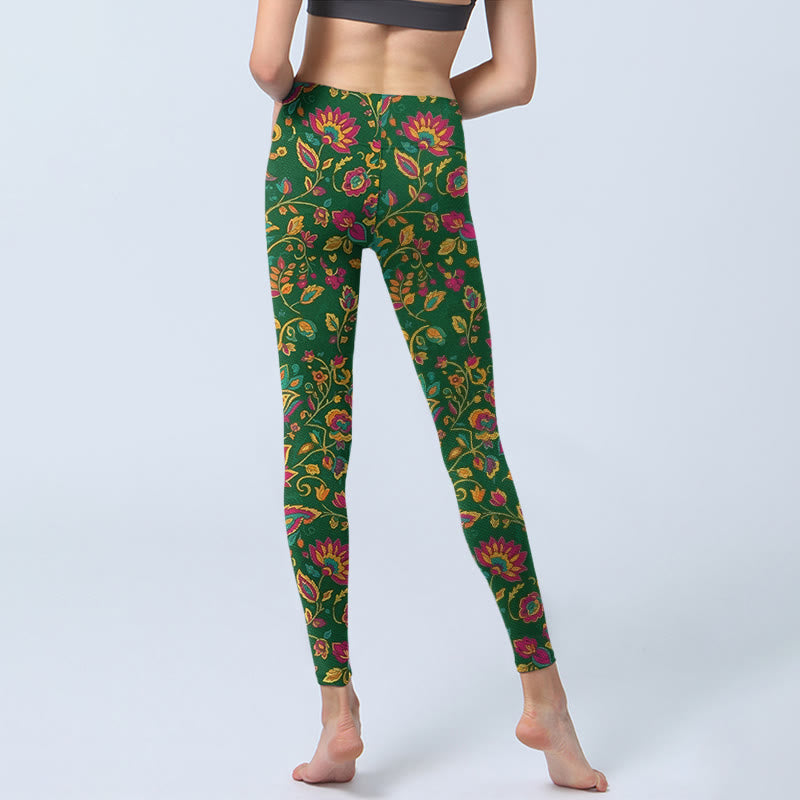 Leggings de sport pour femmes avec motif de fleurs et de feuilles aux couleurs vives, inspirés des Buddha Stones - image 6