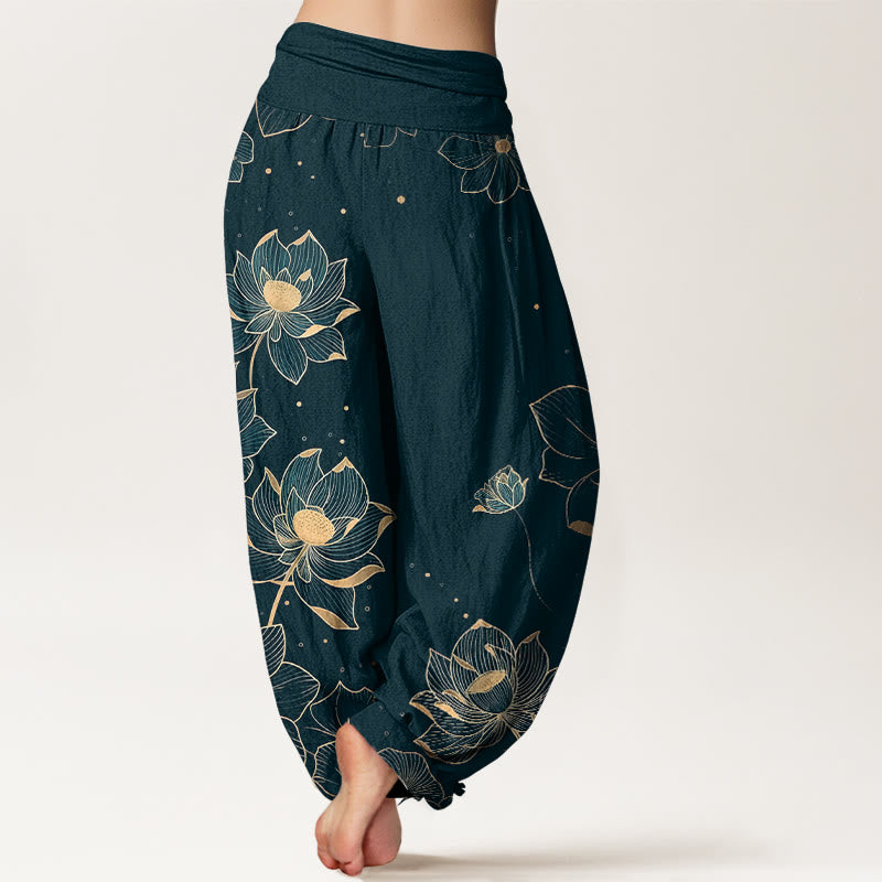 Pantalon harem pour femme en pur coton à motif lotus délicat et Buddha Stones, taille élastique - image 1