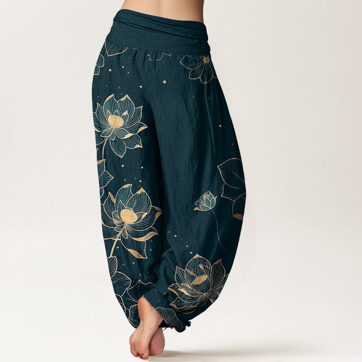 Pantalon harem pour femme en pur coton à motif lotus délicat et Buddha Stones, taille élastique - image 1