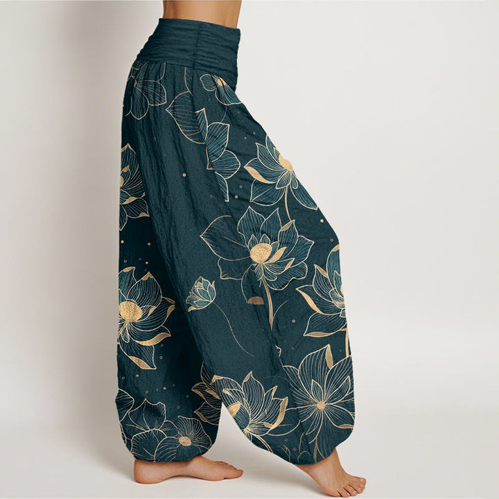 Pantalon harem pour femme en pur coton à motif lotus délicat et Buddha Stones, taille élastique - image 2