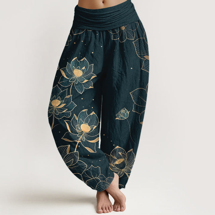 Pantalon harem pour femme en pur coton à motif lotus délicat et Buddha Stones, taille élastique - Vert foncé - US16，UK/AU20，EU48 (3XL) - image 0