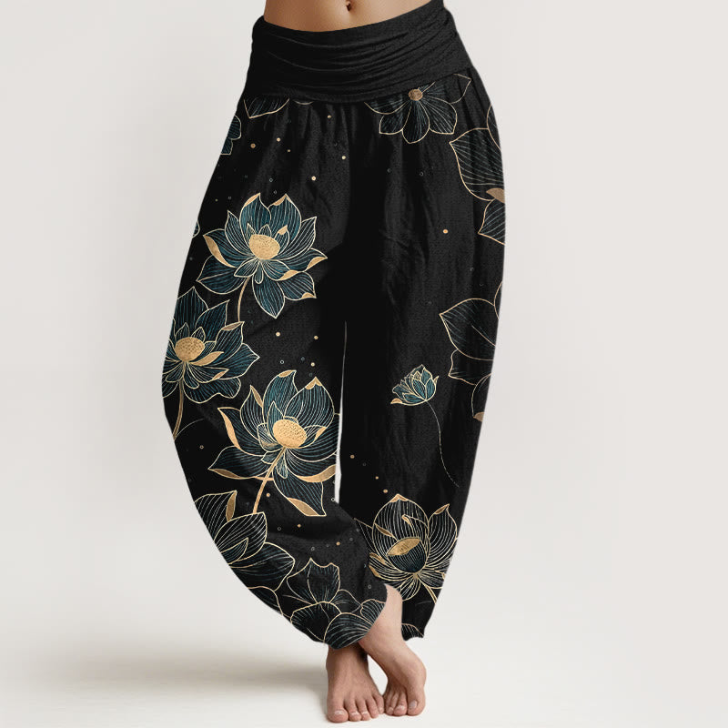 Pantalon harem pour femme en pur coton à motif lotus délicat et Buddha Stones, taille élastique - Noir - US16，UK/AU20，EU48 (3XL) - image 5