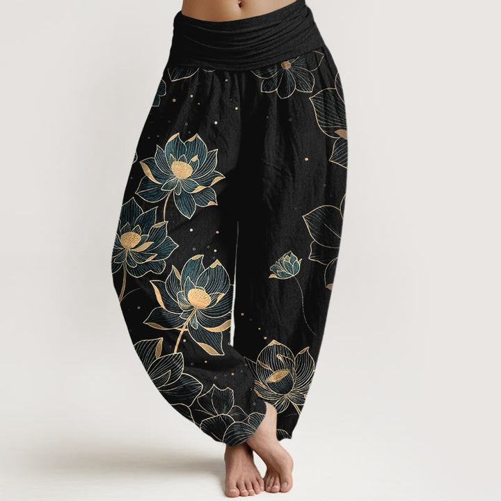 Pantalon harem pour femme en pur coton à motif lotus délicat et Buddha Stones, taille élastique - Noir - US16，UK/AU20，EU48 (3XL) - image 5