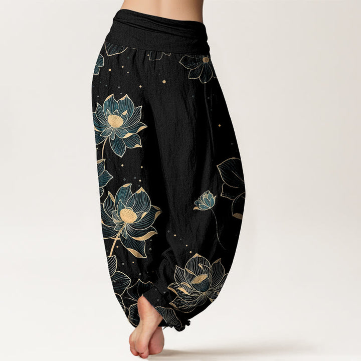 Pantalon harem pour femme en pur coton à motif lotus délicat et Buddha Stones, taille élastique - image 6